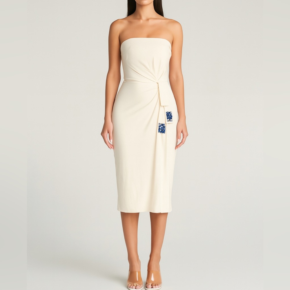 Monique Lhuillier Silk Strapless Midi Dress NWT Sz 4  Designer Cocktail Evening